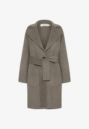 Brun uldblandet frakke med bred krave, bælte i taljen og lange ærmer. Har en enkelt knaplukning og en blød tekstur.