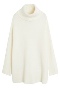 Weißer Rollkragenpullover aus weichem, strukturiertem Material. Er verfügt über einen breiten, gerippten Kragen und eine lockere Passform mit seitlichen Schlitzen am Saum.