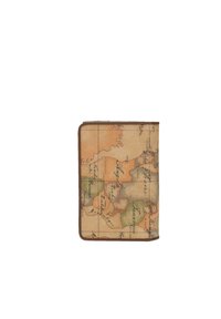 Portafoglio con un design di mappa vintage in tonalità di marrone, arancione e verde, con una superficie texture e bordi cuciti. Forma rettangolare compatta.