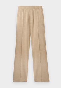 Beige weit geschnittene Hose aus strukturiertem Stoff, mit einem elastischen Bund und ohne sichtbare Taschen oder Verzierungen.