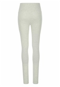 Lichtgrijze leggings gemaakt van zachte, elastische stof; hoge tailleband; aansluitend ontwerp zonder zichtbare naden of versieringen.