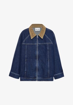 Denim jacket in dark blue with a corduroy beige collar, front zipper, and two side pockets. Features a relaxed fit and visible stitching.
