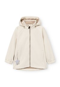 Helle beige Kapuzenjacke mit Reißverschluss, elastischen Bündchen und seitlichen Taschen. Verfügt über ein kleines abnehmbares Sternchen-Anhänger. Glatte Textur.