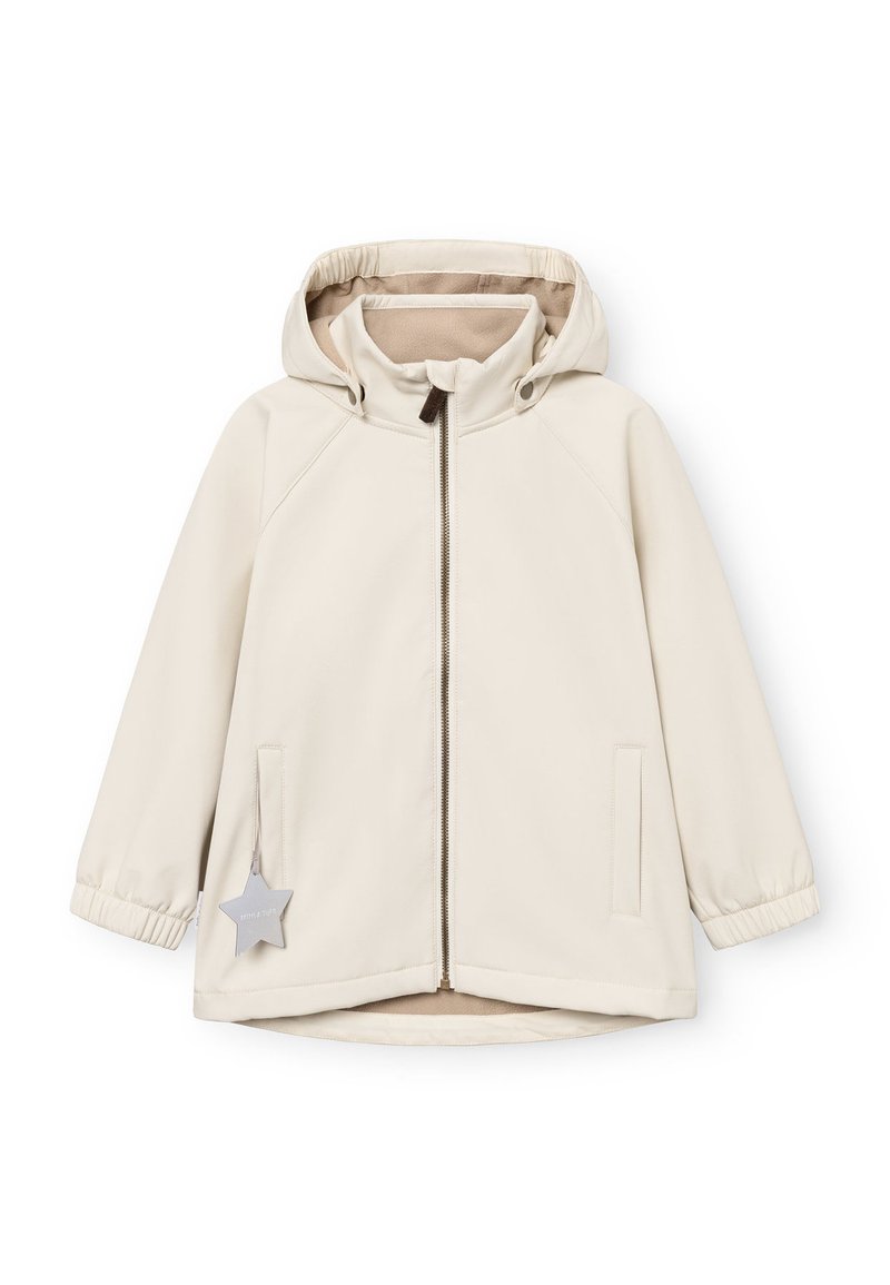 Helle beige Kapuzenjacke mit Reißverschluss, elastischen Bündchen und seitlichen Taschen. Verfügt über ein kleines abnehmbares Sternchen-Anhänger. Glatte Textur.
