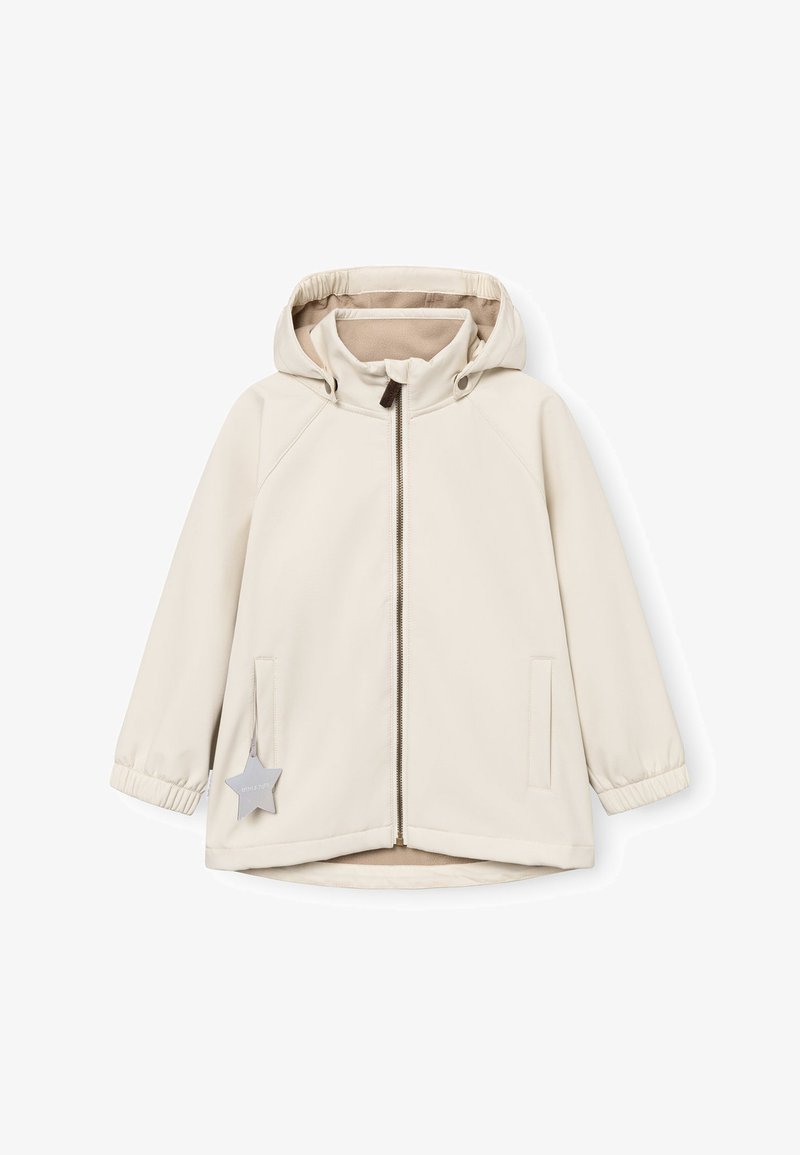 Helle beige Kapuzenjacke mit Reißverschluss, elastischen Bündchen und seitlichen Taschen. Verfügt über ein kleines abnehmbares Sternchen-Anhänger. Glatte Textur.