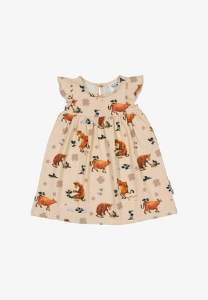 Beige vauvan mekko, jossa on lyhyet liehuvat hihat ja koko mekan peittävä oranssien lehmien, lintujen ja pienten kukkien kuosi.