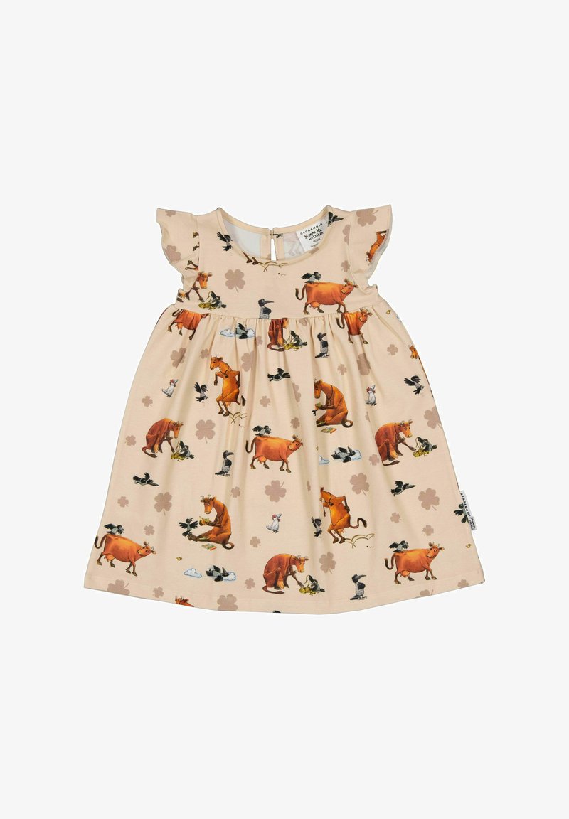 Robe beige pour tout-petit avec des petites manches volantes, ornée d'imprimés de vaches orange, d'oiseaux et de petites fleurs sur l'ensemble.