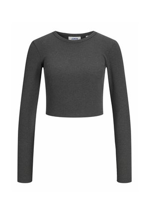 Top corto grigio scuro a maniche lunghe, a costine, con scollo rotondo e silhouette aderente.