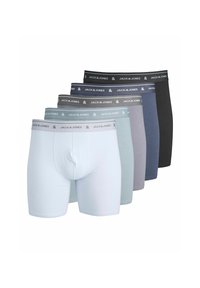 Fünf Paare Boxershorts in verschiedenen Farben: weiß, hellblau, grau, navyblau und schwarz, mit einem elastischen Bund mit Logo.