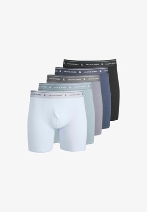Cinque paia di boxer in vari colori: bianco, azzurro chiaro, grigio, blu navy e nero, con una fascia elastica logata.
