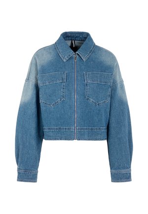 Blue cropped denim jacket with front zipper, two chest pockets, long sleeves, and a pointed collar.