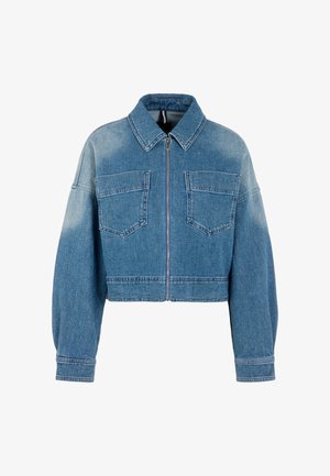 Blue cropped denim jacket with front zipper, two chest pockets, long sleeves, and a pointed collar.