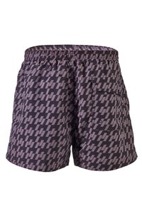Swim shorts in dark gray with a geometric pattern in light gray. Elastic waistband, drawstring, and a side pocket with flap.