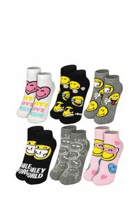 Set di sei paia di calzini colorati con faccine sorridenti, cuori e motivi. Realizzati in tessuto morbido in vari colori tra cui grigio, nero e bianco.