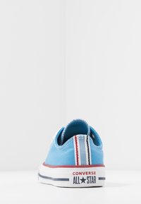 Blå Converse All Star-sneaker sedd bakifrån, med vit sula med röda och svarta ränder och en hälflik med tre ränder.