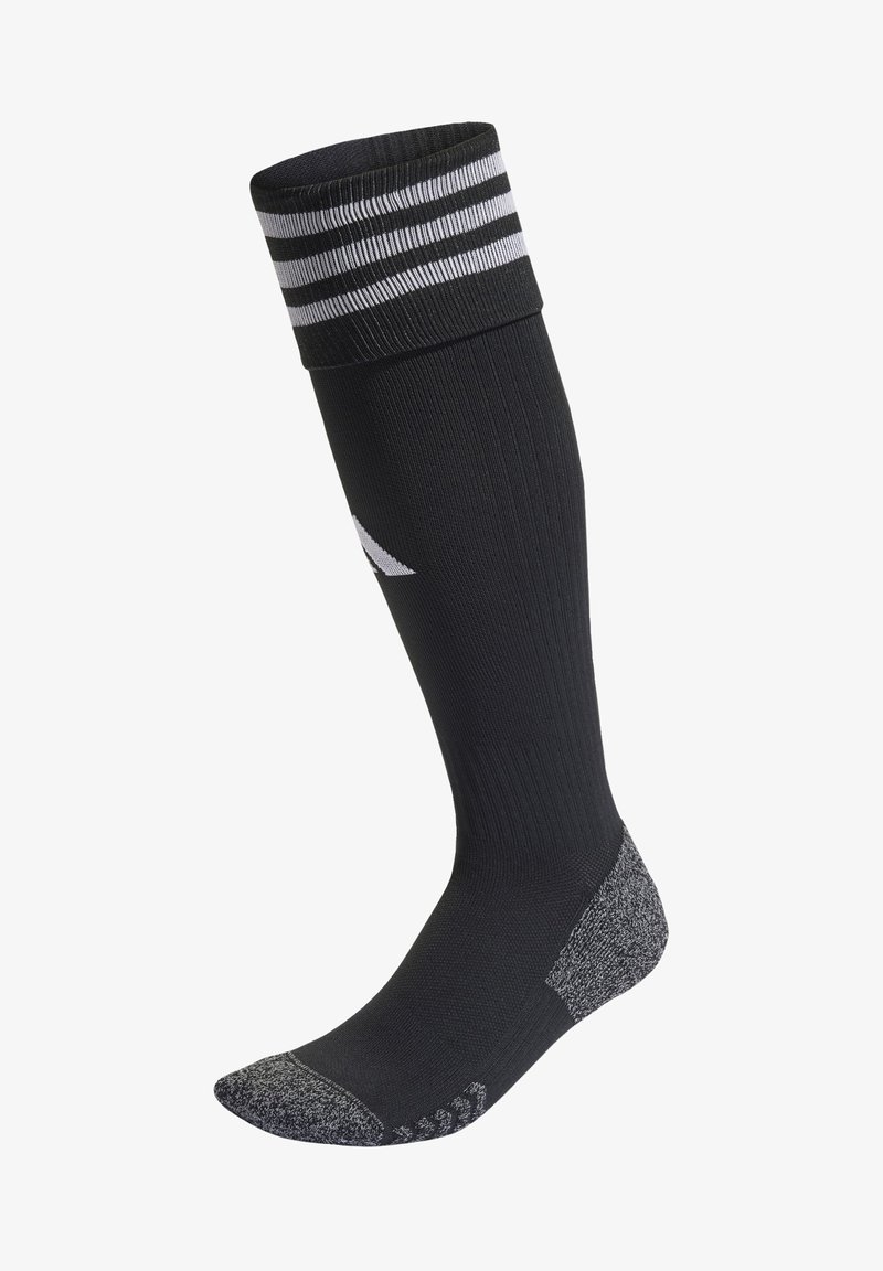 Knee-high mustad mustre sokid valge triibuga ülemises osas, ribakujuline tekstuur, tugevdatud varvas ja vastanduv hall konts ja tald.