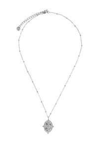 Collana d'argento con un pendente a forma di foglia decorativa, caratterizzata da dettagli intricati e una catena con piccole perline rotonde. Lunghezza regolabile.