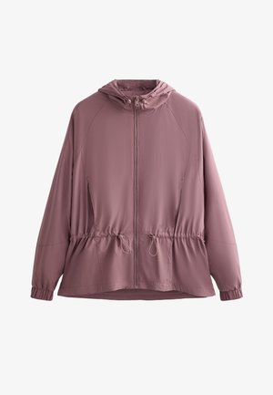 Kevyt, hupparitakki pehmeässä mauve-kangassa. Varustettu etuvetoketjulla, elastisella vyötäröllä, jossa on nyörit, ja pitkillä raglan-hihansuilla.