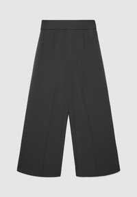 Pantaloni neri a gamba larga con una texture liscia, caratterizzati da una vita alta e due pieghe anteriori. Realizzati in tessuto leggero per il massimo comfort.