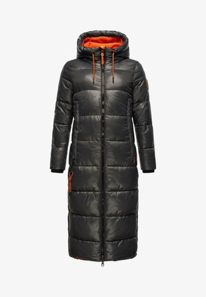Long black puffer coat with a hood, featuring orange interior lining, zip front, and external side pockets. Detailed stitching and drawstring accents.