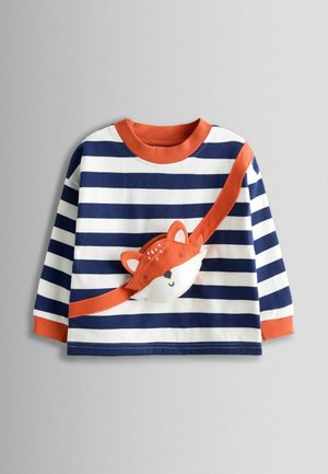 Gestreiftes Langarmshirt in Marineblau und Weiß, mit einem orangen Kragen und einem Fuchs-Applikation sowie einem Band über der Brust. Aus Baumwollstoff.