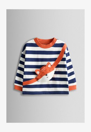 Koszula z długim rękawem w paski w kolorze granatowym i białym, z pomarańczowym kołnierzykiem i aplikacją z lisem oraz paskiem na wysokości klatki piersiowej. Materiał bawełniany.