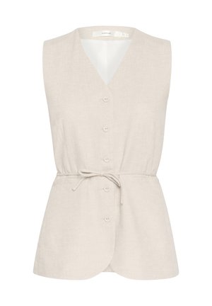 Hellbeige ärmellose Bluse mit V-Ausschnitt, Knopfverschluss und Kordelzug in der Taille. Hergestellt aus einem strukturierten Stoff mit zwei Seitentaschen.