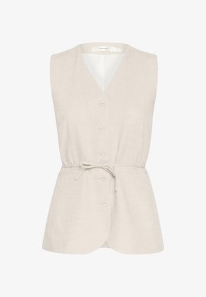 Hele beež ilma varrukate ja V-kaelusega pluus, nööbisuletus ja reguleeritav talje. Valmistatud tekstuursed kangast ja kahe küljetaskuga.