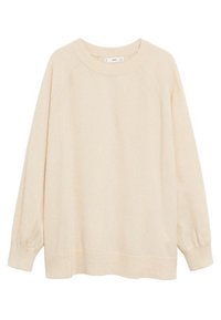 Jasno beżowy sweter z okrągłym dekoltem, rękawami raglanowymi i ribbowymi mankietami. Wykonany z miękkiego, strukturalnego materiału dzianinowego.