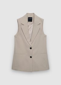 Veste sans manches beige avec un col à revers, une fermeture à un bouton et deux poches avant. Fabriquée en tissu lisse avec une coupe ajustée.