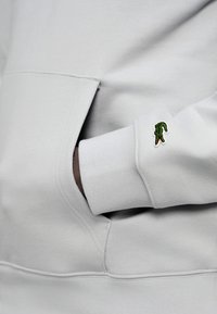 Sweat-shirt gris clair avec une poche kangourou et des poignets côtelés. Présente un logo crocodile vert brodé sur la manche. Texture douce.