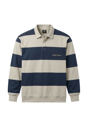 Koszulka rugby z długim rękawem w beżowe i granatowe poziome paski, z kołnierzykiem, plisą z dwoma guzikami oraz haftem "Varsity Champion" na piersi.