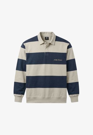 Koszulka rugby z długim rękawem w beżowe i granatowe poziome paski, z kołnierzykiem, plisą z dwoma guzikami oraz haftem "Varsity Champion" na piersi.