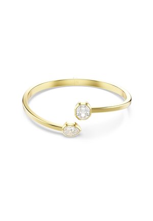 Gouden cuff ring met twee verschillende edelsteeninstellingen - één rond en één peervormig - benadrukt door een soepele, gepolijste afwerking.