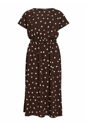 Abito midi marrone con pois bianchi, maniche corte, scollo rotondo e vita elasticizzata.
