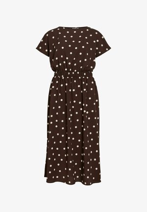 Brązowa sukienka midi w białe grochy, z krótkimi rękawami, okrągłym dekoltem i elastyczną talią.