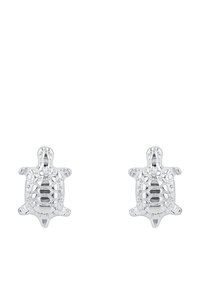 Orecchini a forma di tartaruga in argento con texture dettagliata del guscio, caratterizzati da una finitura lucida e un design intricato. Adatti per l'uso quotidiano.