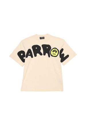 T-shirt beige a maniche corte con grande scritta nera "BARROW" sul petto, che presenta un'icona di faccina sorridente gialla con zanne da vampiro all'interno della "O".