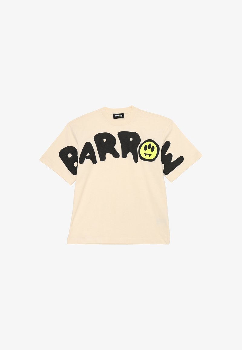 T-shirt beige a maniche corte con grande scritta nera "BARROW" sul petto, che presenta un'icona di faccina sorridente gialla con zanne da vampiro all'interno della "O".