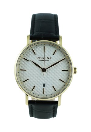 Montre ronde en or avec un cadran blanc texturé, index et aiguilles noirs, bracelet en cuir noir, affichant l'heure 10h10 et la date 8.