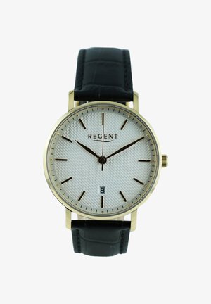 Montre ronde en or avec un cadran blanc texturé, index et aiguilles noirs, bracelet en cuir noir, affichant l'heure 10h10 et la date 8.
