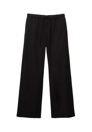Černé široké kalhoty vyrobené z měkké látky, které mají elastický pas se šňůrkou pro nastavitelný fitting a hladkou texturu.