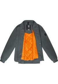 Grijze jas met een gequilte oranje voering, voorzien van een ritssluiting en geribbelde manchetten. Het interieur toont een ruitpatroon.