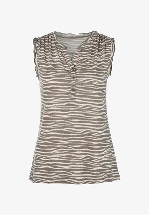 Leichtes, ärmelloses Oberteil in Braun mit weißen Zebra-Streifen. Verfügt über einen Henley-Ausschnitt mit drei Knöpfen und einem gerafften Schulterdetail.