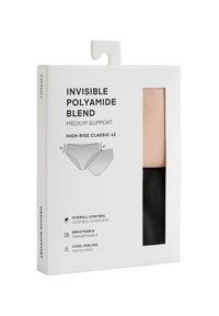 Ambalaj pentru lenjerie classic cu susținere medie, talie înaltă, dintr-un amestec de poliamidă, prezentând perechi bej și negre prin fereastră.