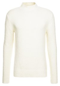 Suéter blanco texturizado con cuello alto y mangas largas. Dobladillo y puños acanalados. Material suave con un aspecto peludo, diseñado para proporcionar calor.