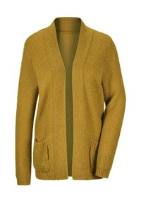 Offene senfgelbe Strickjacke mit strukturiertem Muster, langen Ärmeln, geripptem Kragen und zwei vorderen Taschen.