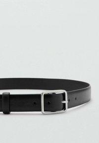 Black leather belt with a smooth texture, rectangular silver buckle, and five adjustable holes for size fitting.