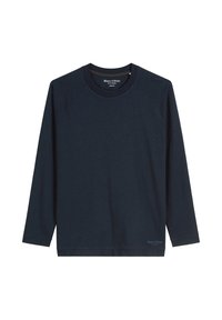 Marineblauwe longsleeve shirt met raglanmouwen, gemaakt van zacht materiaal. Heeft een ronde hals en een subtiele blauwe logo aan de zoom.