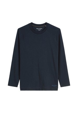 Chemise à manches longues bleu marine avec des manches raglan, fabriquée dans un matériau doux. Dotée d'un col rond et d'un logo subtil en bleu à l'ourlet.